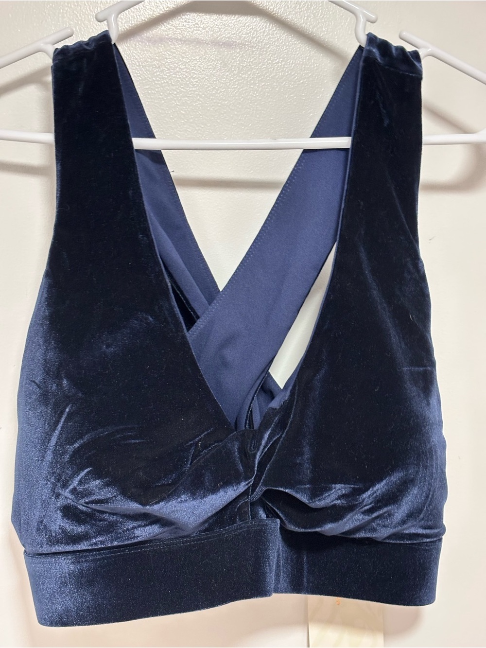 Fabletics Oasis Twist-Front Velour Sports Bra - Deep Navy